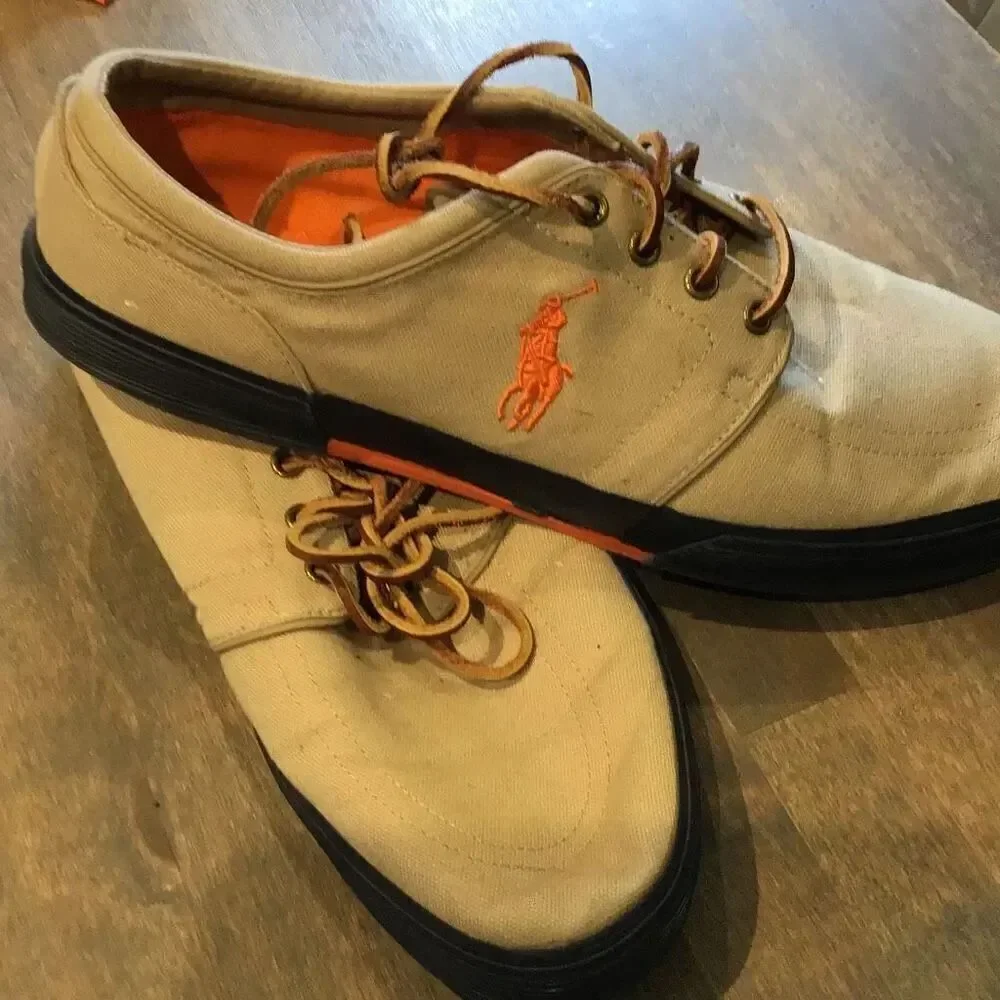 Ralph Lauren khaki Canvas and orange polo shoes size 14 D